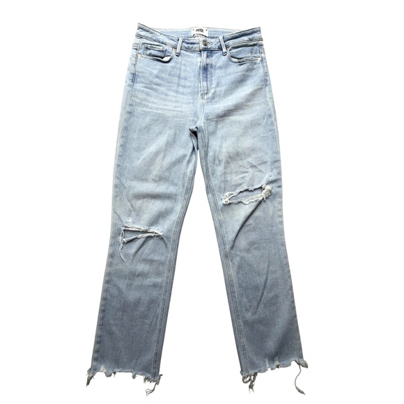 Paige Jeans Womens 30 Light Wash Distressed Ripped Knees Raw Hem Straight Denim - Picture 1 of 12